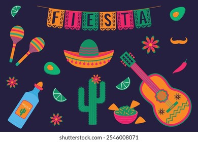 Mexican fiesta, set of decorative elements for design. Sombrero, guitar, maracas, piñata, guitar, cactus, food, drinks and decorations. Cinco de Mayo, vector illustration.	