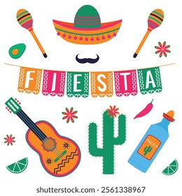 Mexican fiesta set on white background . Sombrero, guitar, maracas, guitar, cactus, food, drinks and decorations. Cinco de Mayo, vector illustration.	