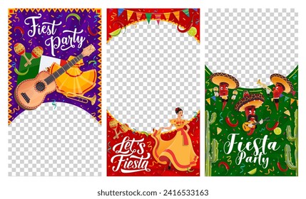 Mexican fiesta social media template banners. Hispanic culture traditional festival fiesta party cartoon vector banners with mariachi chilli characters, flamenco dancer woman and musical instruments