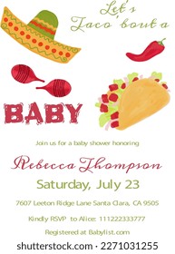 Mexican Fiesta Themed Baby Shower Invitation with Title Let's Taco 'Bout a Baby. Birthday or Holiday Party Invite