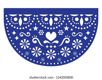 Mexican fiesta vector template design, Papel Picadp paper cut out  with floral and geometric pattern, traditional party decoration from Mexico. Navy blue background inspired by folk art from Mexico 