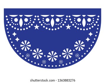 Mexican fiesta vector template design, Papel Picado paper cut out  with floral and geometric pattern, traditional party decoration from Mexico with no text. Navy blue background inspired by folk art 