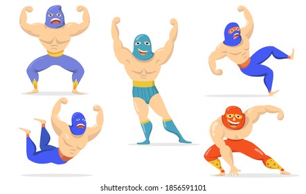 mexikanische Kämpfer in Masken flachen Gegenstand Set. Cartoon-Ringkämpfer stehen, zeigen Muskeln, fallen, lächeln einzelne Vektorgrafik-Sammlung. Lucha libre- und Kampfkunstkonzept