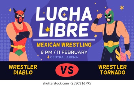 Cartaz do show de luta mexicano. Lute contra o convite. Lutadores profissionais em trajes tradicionais e máscaras. Concurso da Lucha Libre. Wrestling Championship. Vetor de Garish