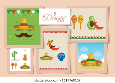 Mexican five designs, Mexico culture tourism landmark latin and party theme Vector illustration