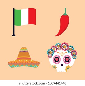 Mexican flag chilli hat and skull head design, Mexico culture tourism landmark latin and party theme Vector illustration