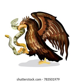 mexican flag emblem of colorful silhouette of eagle with rattlesnake in peak over white background