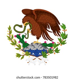 mexican flag emblem of colorful silhouette of eagle with snake in peak over rock and plant of cactus