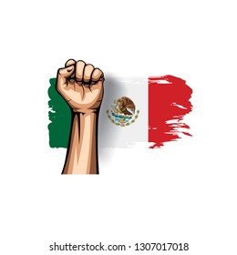 Mexican flag and hand on white background. Vector illustration