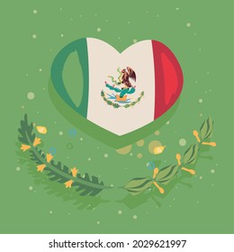 mexican flag in heart shape and leaves decoration