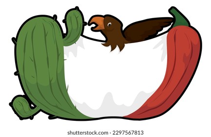 Mexican flag made with green cactus, white fabric, eagle and red chili in cartoon style.