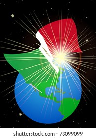 Mexican flag on the Earth with space in the background and lens flare