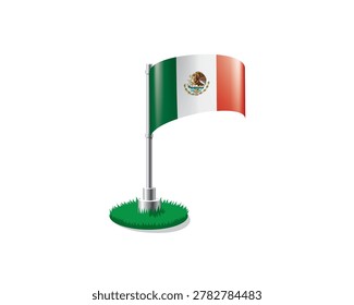 Mexican flag on a flagpole mounted on the grass