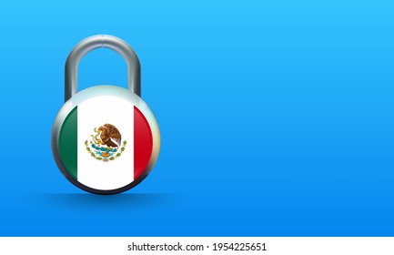 Mexican flag on padlock isolated on blue background, coronavirus lockdown concept. covid-19 Vector illustration.