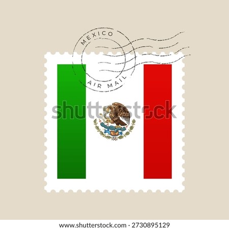 Mexican flag postage stamp vector illustration with an air mail postmark for travel and international correspondence concepts..