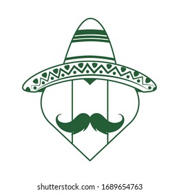 mexican flag shaped heart with hat and mustache. Cinco de mayo celebration vector illustration line style icon