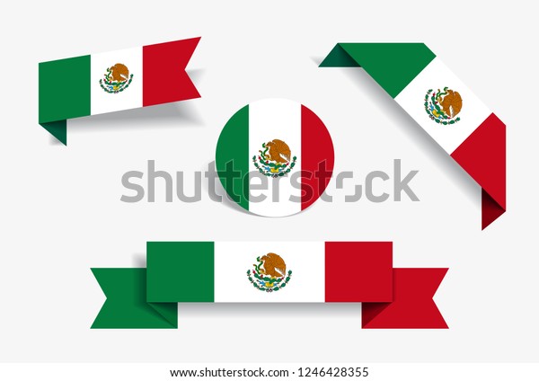Mexican flag stickers and labels set.
Vector illustration.