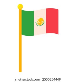 Mexican flag waving on flagpole. Element of Hispanic holiday Cinco De Mayo. Mexican holiday icon. Simple cartoon vector element isolated on white background