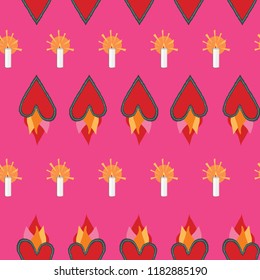 Mexican flaming heart folk art seamless vector pattern. Hot pink with rows of red sacred heart motifs alternating with ofrenda votive candles. Colorful and bright, perfect for Day of the Dead fiestas.