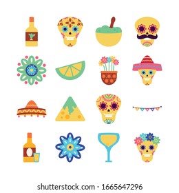 Mexican flat style icon set design, Mexico culture tourism landmark latin and party theme Vector illustration