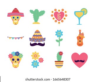 Mexican flat style icon set design, Mexico culture tourism landmark latin and party theme Vector illustration