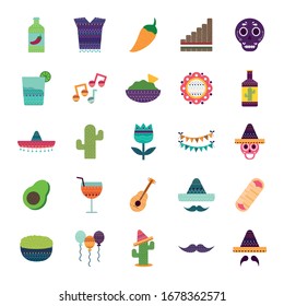 Mexican flat style icon set design, Mexico culture tourism landmark latin and party theme Vector illustration