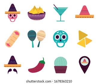 Mexican flat style icon set design, Mexico culture tourism landmark latin and party theme Vector illustration
