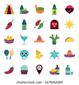 Mexican flat style icon set design, Mexico culture tourism landmark latin and party theme Vector illustration
