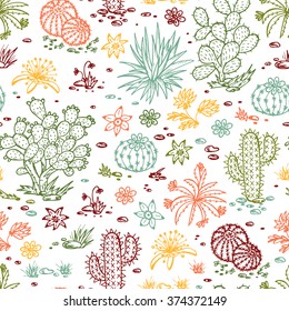 Mexican flora Vector Seamless pattern. Nature of Mexico. Hand drawn doodle Plants, Cactus