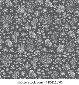 Mexican flora Vector Seamless pattern. Nature of Mexico. Hand drawn doodle Plants, Cactus. Black and white background