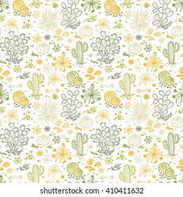 Mexican flora Vector Seamless pattern. Nature of Mexico. Hand drawn doodle Plants, Cactus