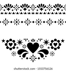 Mexican floral and abstract vector design elements, black and white traditional folk art patterns from Mexico, greeting card on wedding party invitation ornaments. Floral monochrome ornaments