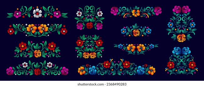 Colecciones de esquinas florales de México, frontera tradicional de arte folclórico de bordado de México retro