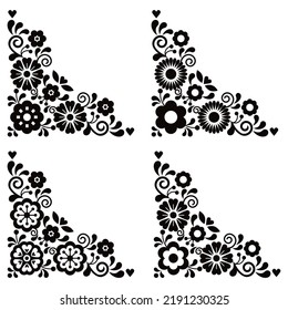 Mexican floral corners vector design set of four in black and white, retro folk art pattern collection inspired by traditional embroidery from Mexico
 