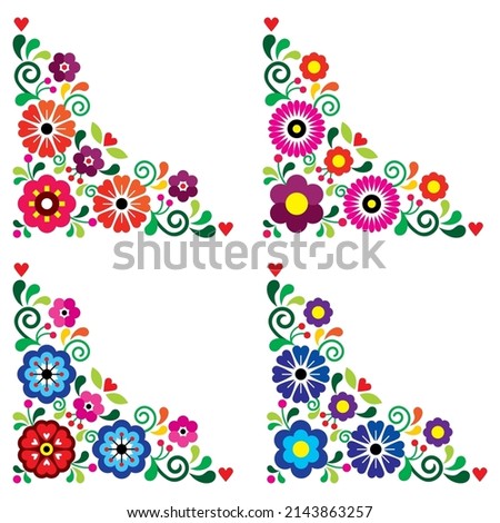 Mexican floral corners vector design set of four, retro folk art pattern collection inspired by traditional embroidery from Mexico. Vibrant decoration elements with flowers and hearts 