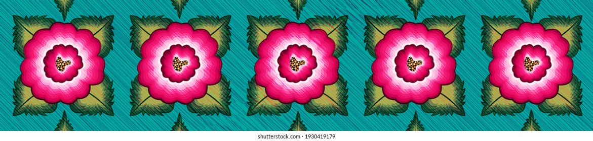 Mexican floral embroidery border seamless pattern, colorful frame native flowers, folk fashion design. Embroidered Traditional Textile Style of Mexico, vector isolated on green background