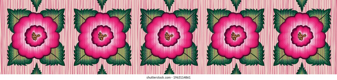 Mexican floral embroidery border seamless pattern, colorful frame native poppy flowers, folk fashion design. Embroidered Traditional Textile Style of Mexico, vector isolated on pink background