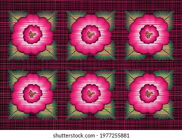 Mexican floral embroidery border seamless pattern, colorful frame native poppy flowers, folk fashion design. Embroidered Traditional Textile Style of Mexico, vector isolated on pink background