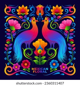 Mexican floral embroidery with Folk Art Birds vector illustration