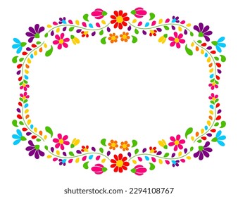 Mexican floral embroidery frame. Traditional ornament of flowers and leaves.