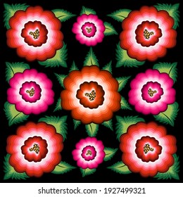 Mexican floral embroidery pattern, colorful native flowers folk fashion design. Embroidered Traditional Textile Style of Mexico, vector isolated on black background