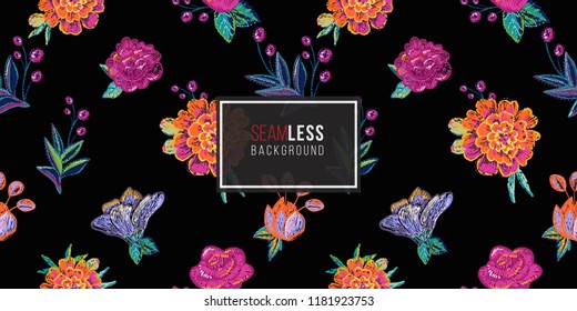 Mexican floral embroidery seamless pattern with marigold, rose, peony flowers and branches. Traditional elements on dark repeatable background. Watercolor style illustration on black backdrop.
