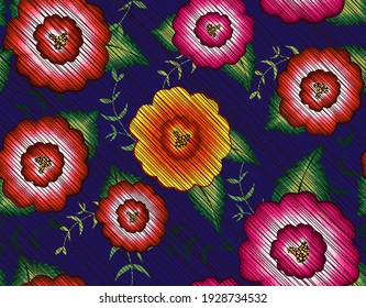 Mexican floral embroidery seamless pattern, colorful native flowers folk fashion design. Embroidered Traditional Textile Style of Mexico, vector isolated on blue background