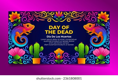 Mexican floral folk art banner with rainbow Chameleon vector illustration