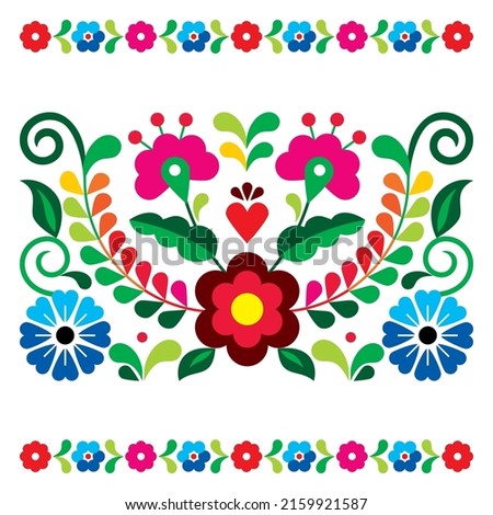 Mexican floral folk art style vector greeting card on invitation pattern, decoration inspired by traditional embroidery from Mexico. Colorful ornament with flowers an leaves with frame or border

  Stock fotó © 
