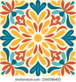 Mexican floral seamless pattern. Ceramic tiles in a classic design with intricate floral and leaf motifs in yellow, red, and teal on light background. Azulejo, italian, turkish, portuguese background.