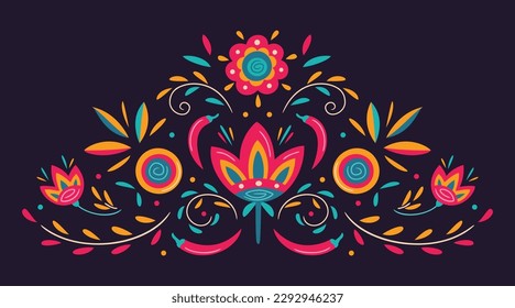 Fondo tradicional floral mexicano con flores y pimienta chile. Textura de simetría de flores. Dibujo folclórico ordenado. Motif floral mexicano festivo. Para banner, afiche, invitación, diseño textil ю