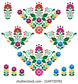 Mexican floral vector pattern collection, traditional design elelements with flowers and leaves. Retro ornaments inspired by traditional embroidery from Mexico, perfect for greeting card 