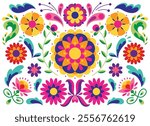 Mexican flower traditional pattern background. Ethnic embroidery decoration ornament. Flower symmetry texture. Ornate folk graphic, wallpaper. Festive mexican floral motif. Vector illustration