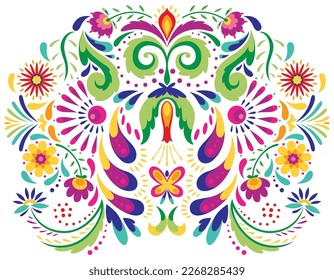 Fondo tradicional de flores mexicanas. El adorno de decoración de bordado étnico. Textura de simetría de flores. Dibujo folclórico, fondo de pantalla. Motif floral mexicano festivo. Ilustración del vector